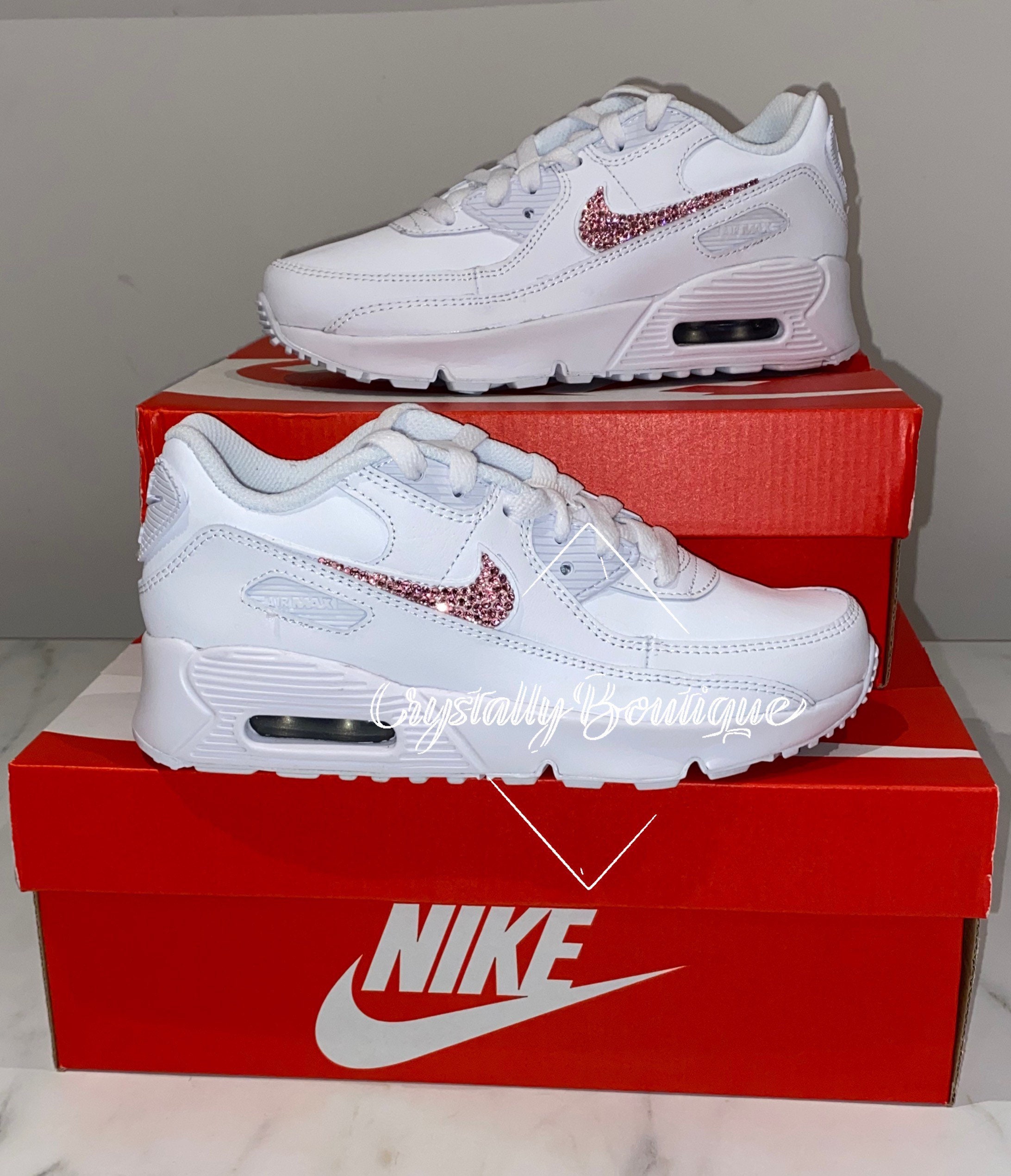 Swarovski Women's Air Max 90 Pink, White & Gray Sneakers Blinged with Authentic Swarovski Crystals Custom Bling Athletic Sneakers Shoes