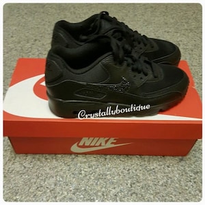 Junior Customised Tick w/ Swarovski & Rhinestone Nike Air Max 90 Black size 3 4 5 5.5 UK Brand New!