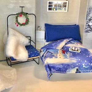1:6 Frosty Winter Bedroom furnished for 8-12” dolls, elves, stuffed friends diorama Dollhouse bed fireplace and accessories