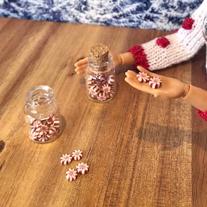 1:6 Miniature Christmas sweets stocking stuffer. Jar of candy mints made for 6-12” dolls and Dollhouse food.