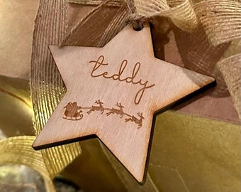 Personalised wooden gift tag|Engraved personalised star wooden gift tags| Christmas label| present tags|| reusable tags| names places