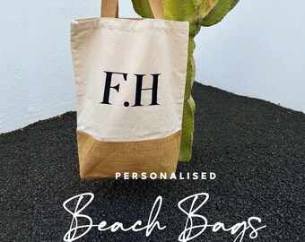 Personalised beach bag|shopping bag|jute cotton bag with initials|bespoke tote bag|beach|shopping|eco friendly office bag|teacher bag|