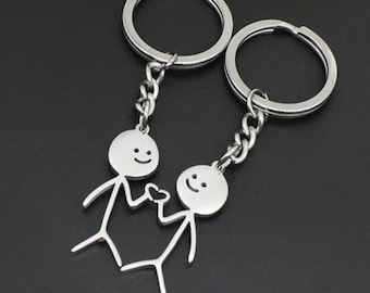 Couples matching keyring| 2 pieces/set abstract cute figure with heart keychain|heart keyring two part|Valentine hearts| silver tone keyring