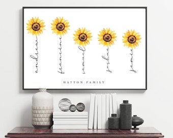 Personalised family flower print PDF only |Mother’s Day sunflower print|home gift|new home|anniversary|birthday|Name flower family gift|