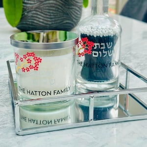 Personalised Shabbat candle and matches jar set| Hebrew Shabbat shalom and custom name candle gift| Shabbat gifts matching set