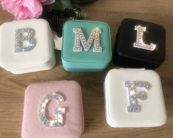 Personalised travel jewellery box|Mother’s Day| Valentine’s Day| birthday| bridesmaid gift|jewellery box|diamante initial|gifts for her