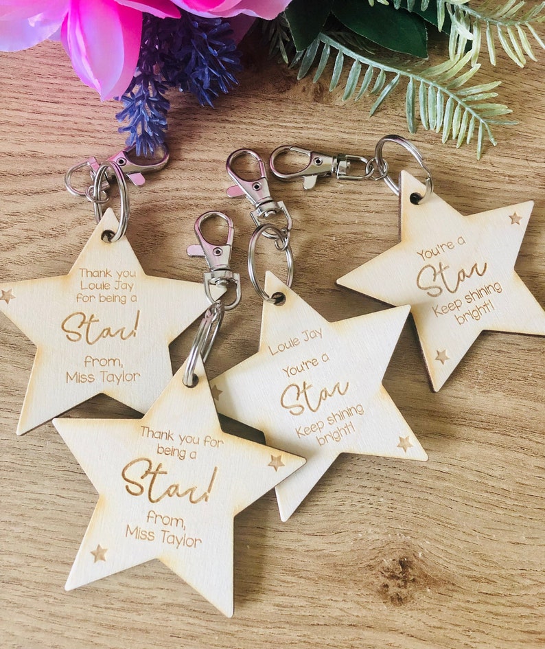 End of year gifts for class|Personalised school gifts from teachers|End of term school keyrings|Wooden engraved star pupil gifts|End of year 