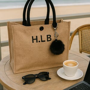 Bolso de arpillera con inicial personalizada / llavero de piel sintética