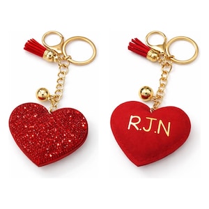 Personalised Valentines Red Heart Keyring – Sparkly Initial Keychain, Valentine’s Gift for Her