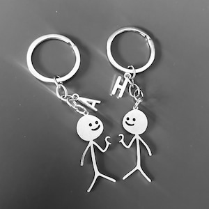 Personalised matching keyring| 2 pieces/initials with figure and heart keychain|heart keyring two part|Valentine hearts| silver tone keyring