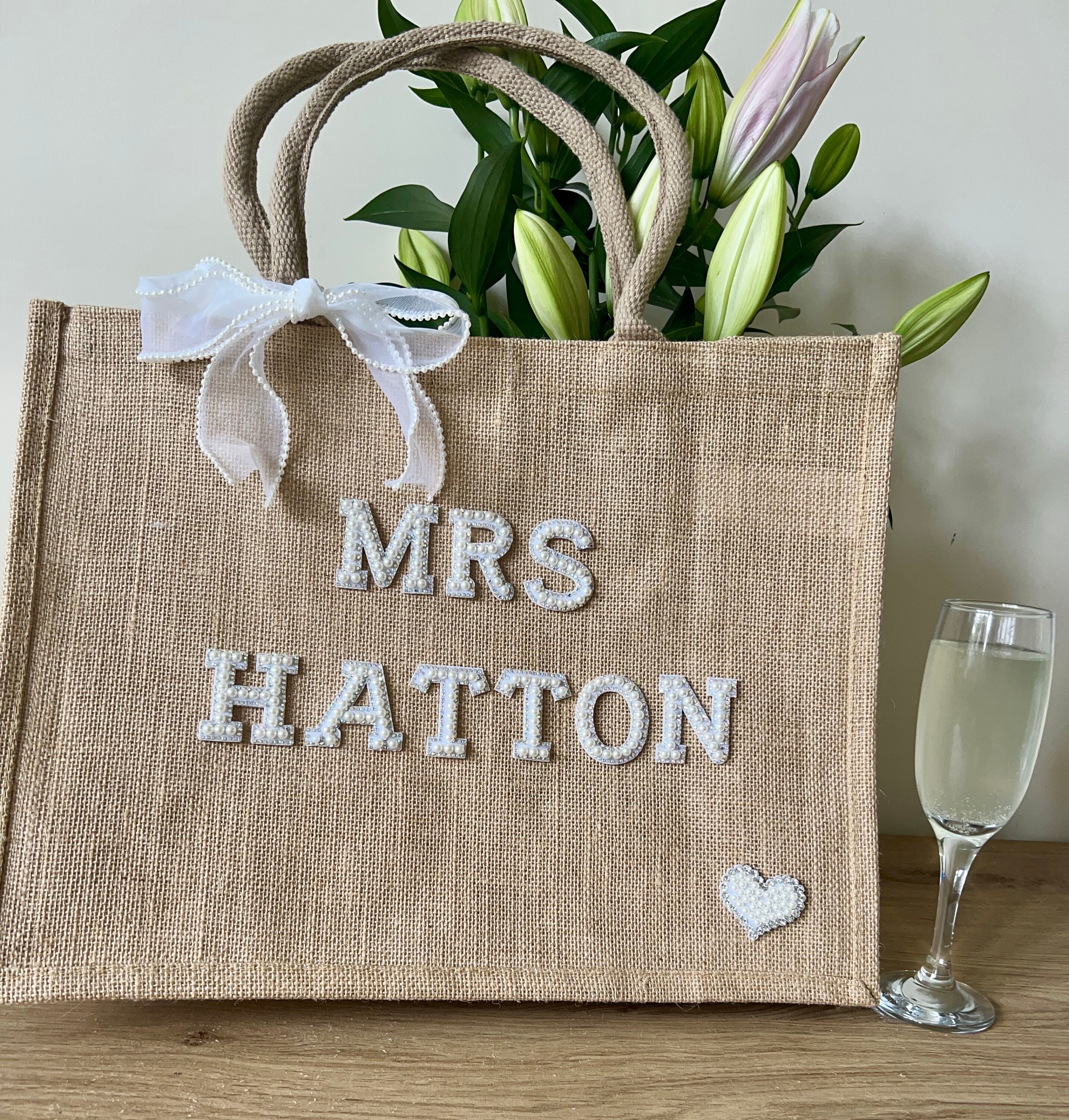 Set Mariée : Sac Fourre-Tout Jute + Pantoufles Perles | Cadeau Mariage, EVJF, Lune De Miel | Taille Unique