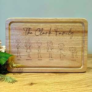 Może przedstawiać: Prostokątna drewniana deska do krojenia z zaokrąglonymi krawędziami. U góry napis "The Clark Family". Poniżej ilustracje postaci z rodziny z ich imionami: Paul, Rebecca, Jacob, Sophie, Theo i Oscar.