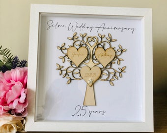 Personalised wedding anniversary family tree frame gift|10th 25th 30th 40th 50th 60th anniversary box frame|layered 3D tree wedding gift