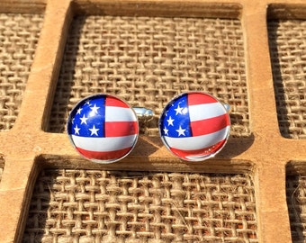 American Flag Cuff Link Silver Finish - A special gift for husbands, boyfriends, groomsmen, fathers, brothers, friends USA Made in America