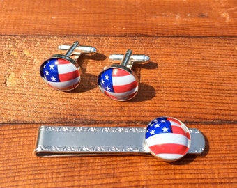 American Flag Cufflink and Tieclip Set Upcycled Bottle Cap USA Groomsmen Birthday Boyfriend Husband Gift Cuff Link Tie Clip Unique Handmade