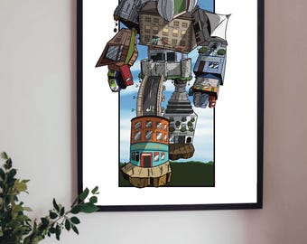 Hand drawn print of a Limerick City Bot - features iconic buildings from Limerick