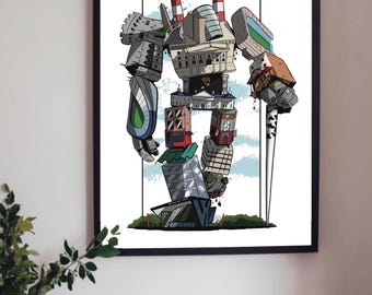 A print of The Dublin Big City Bot - a huge robot made up of iconic Dublin buildings and landmarks takes a walk.