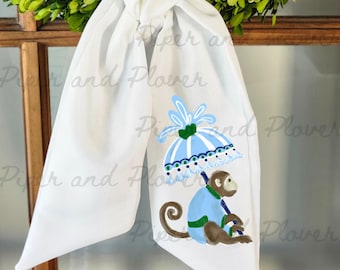 Monkey Parasol Wreath Sash//Chinoiserie Door Bow//Whimsical Grandmillennial Ribbon//Blue & Green Porch Decor
