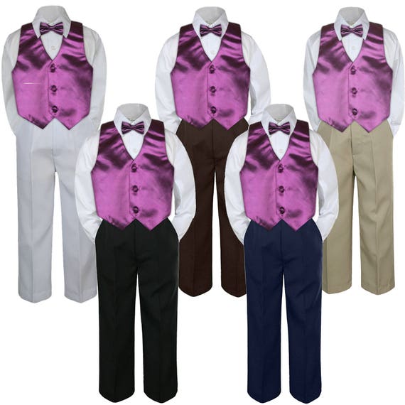 4pc Boy Toddler Formal Fuchsia Pink Vest Necktie White Khaki Navy Shorts sz S-4T