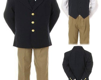 NEW Infant Boy Toddler Teens Tuxedo Formal Party Wedding Navy Jacket Khaki Pants Suit