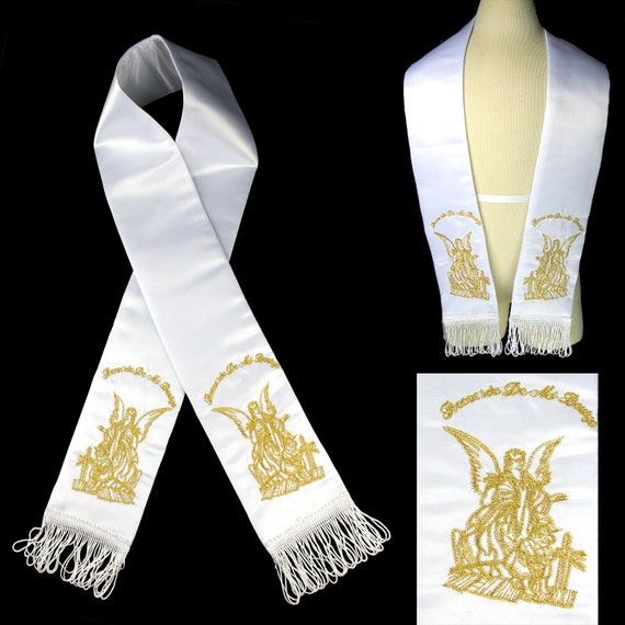 Metallic Embroidered Christening Baptism Stole Scarf Sash Virgin Mary Pope Maria