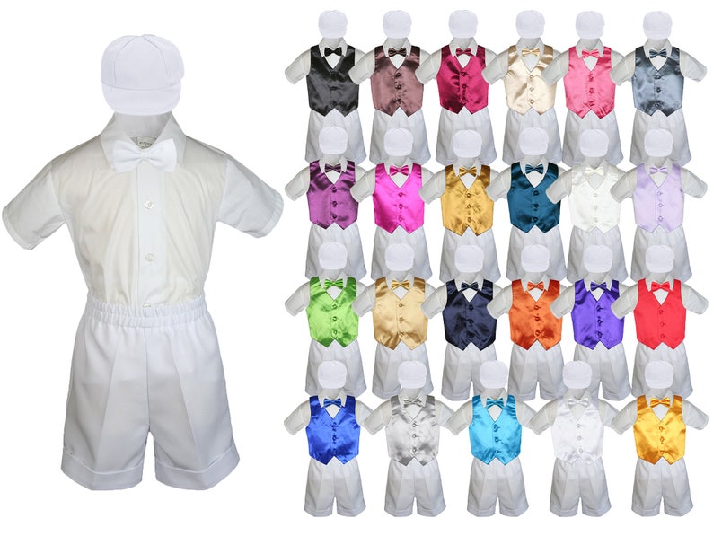6pc Boy Baby Toddler Ring Bearer Wedding Formal White Shorts Outfit with 23 Colors Satin Vest Bow Tie for Option 058 White+507
