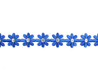 1.25" Royal Blue Flower Silver Iron on Embroidered Trim DIY Craft Sewing Notion by Yard BB140