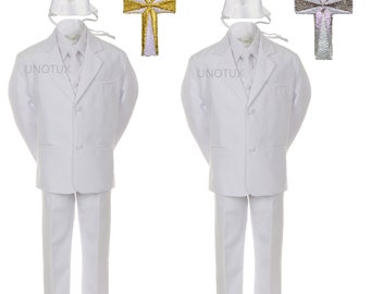 New WHITE  Baby Toddler Boys Formal Baptism Wedding Ring Bearer Formal Occasion 6 pieces Suit Tuxedo BY013+Cross Hat