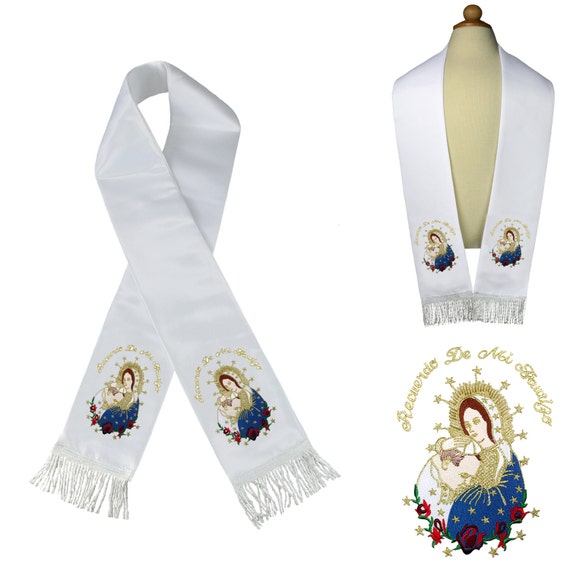 Metallic Embroidered Christening Baptism Stole Scarf Sash Virgin Mary Pope Maria