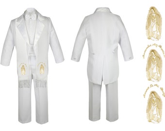 New Baby Toddler Boys Teens WHITE Formal Christening Baptism Communion 5 pieces Tail Suit Tuxedo with a stole