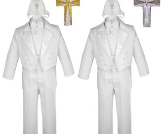 New WHITE  Baby Toddler Boys Formal Baptism Wedding Ring Bearer Formal Occasion 6 pieces Tail Suit Tuxedo BY008+Cross Hat