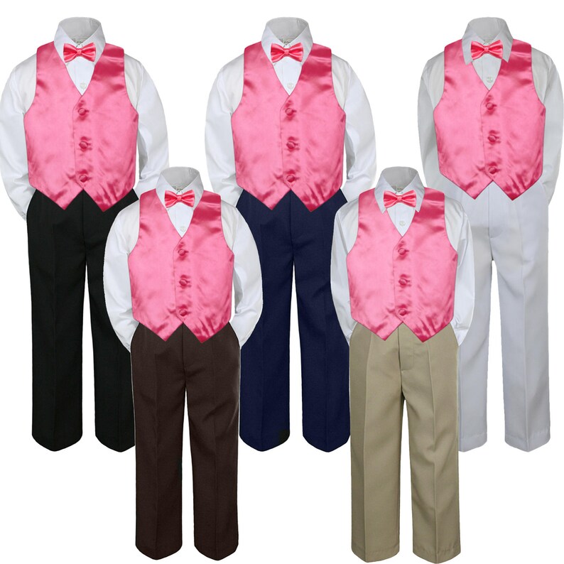 4pc FUCHSIA Vest /& Bow Tie Boy Baby Toddler Ring Bearer Wedding Formal Vest Suit with Different Color Pants for Option C1+507 Fuchsia