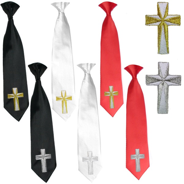 Boys Black White Red Necktie for Church Christening Baptism Gold Silver Embroidered Cross on the tip end of the Tie #506