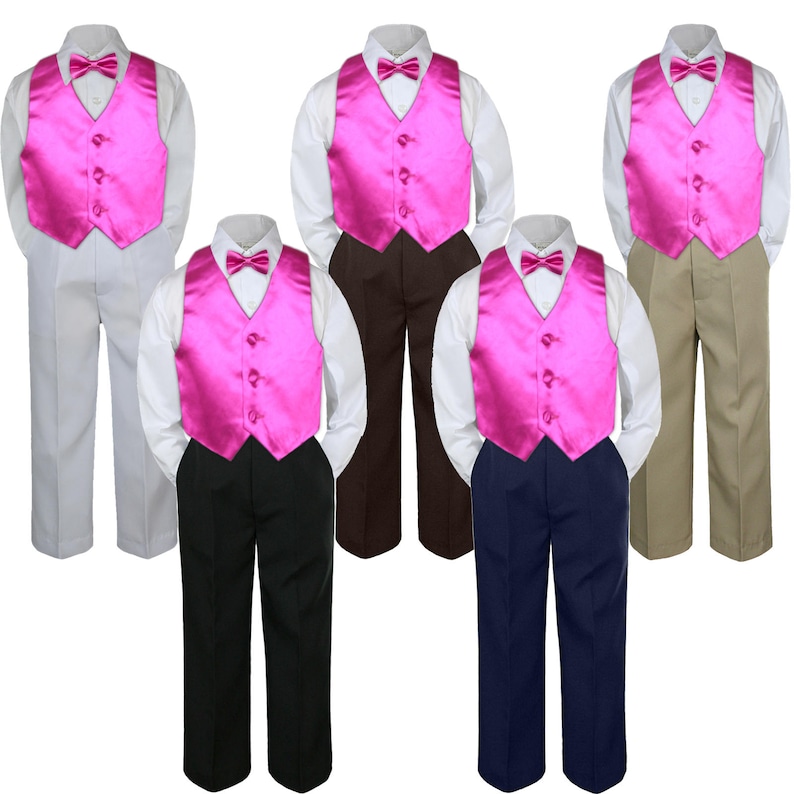 4pc Set Boy Toddler Formal Green Teal Bow tie Vest Brown Black Khaki Shorts S-4