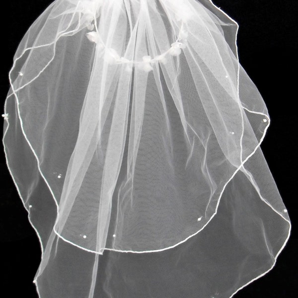 Girls 1st Communion Wedding White Veil 2 Layers Tulle Headpiece with Pearl 22" VW13