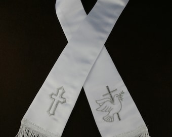 White Satin Stole Sash for Baptism Christening Embroidered Dove and Cross in Gold or Silver CB318