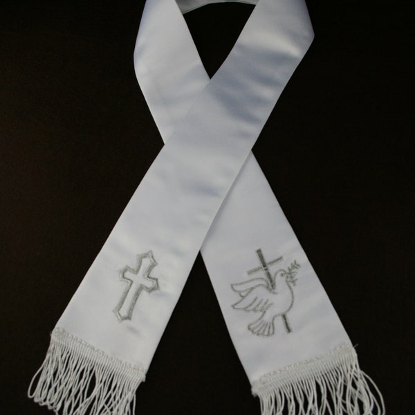 White Satin Stole Sash for Baptism Christening Embroidered Dove and Cross in Gold or Silver CB318