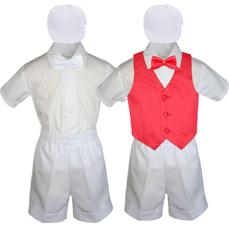6pc Boy Baby Toddler Ring Bearer Wedding Formal White Shorts Outfit with 23 Colors Satin Vest Bow Tie for Option 058 White+507
