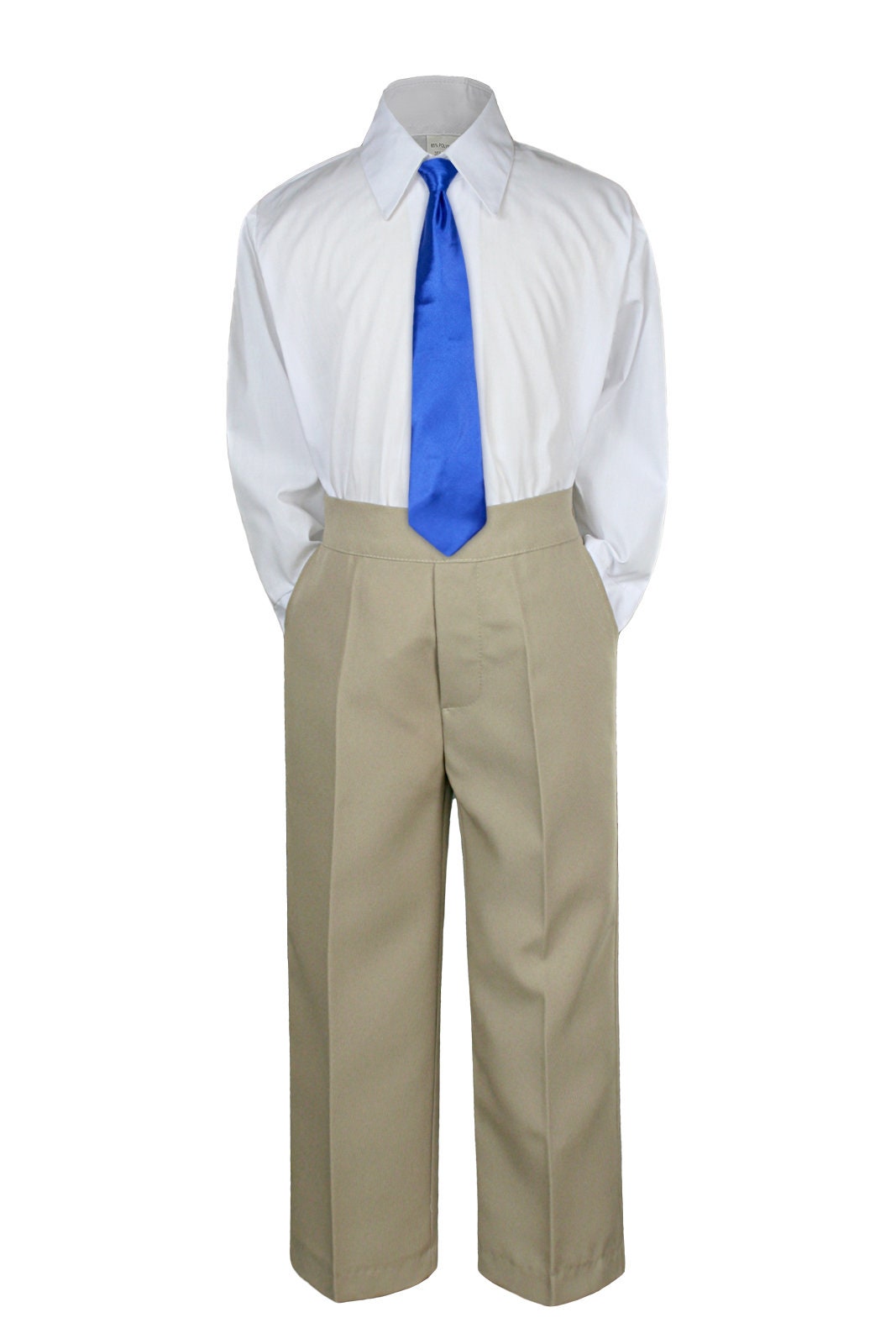 NEW 3 Piece Baby Toddler Boy White Shirt KHAKI Pants Long Tie Set