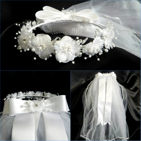 Girls 1st Communion Wedding Bridal White Veil Flower Girl Wreath Headpiece V415