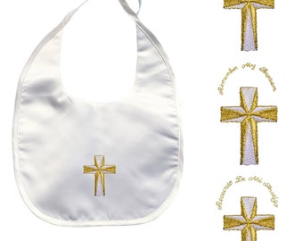 Baby Boys Girls White Satin Bib Gold or Silver Cross Keepsake for Christening Baptism Unisex Baby Shower Gift W93959