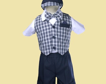 New Navy Gingham Checker Baby Boy Toddler Formal Party Vest Suit Shorts Set BY003