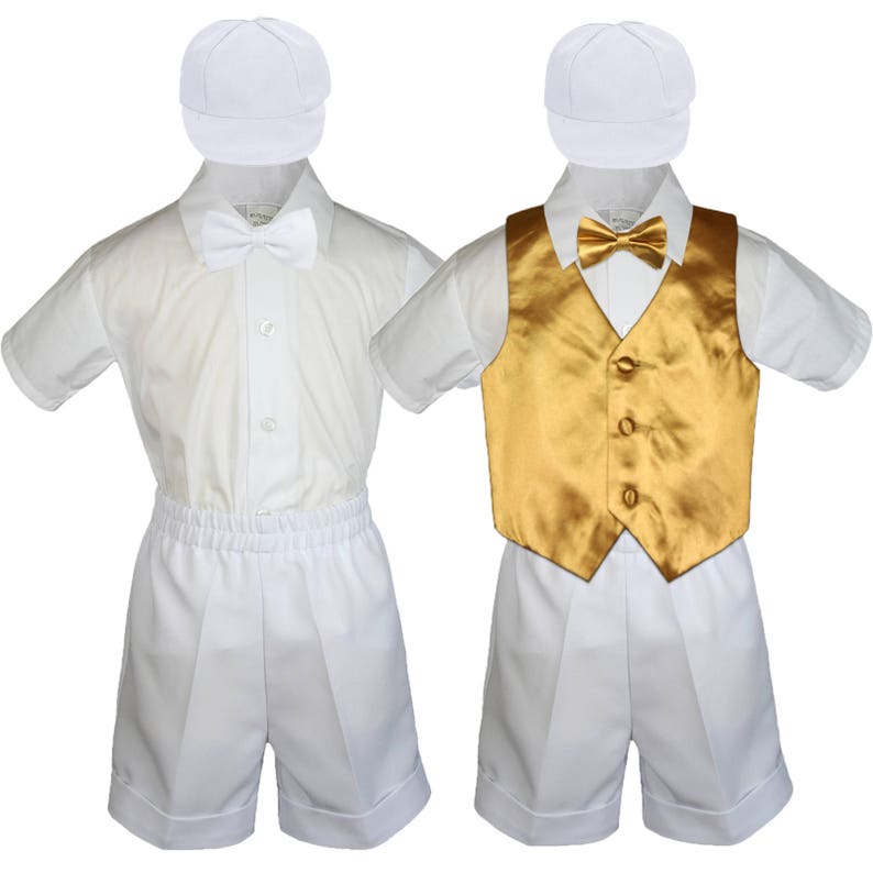 6pc Boy Baby Toddler Ring Bearer Wedding Formal White Shorts Outfit with 23 Colors Satin Vest Bow Tie for Option 058 White+507