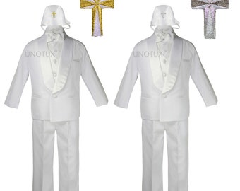 New WHITE  Baby Toddler Boys Formal Baptism Wedding Ring Bearer Formal Occasion 6 pieces Suit Tuxedo BY009+Cross Hat