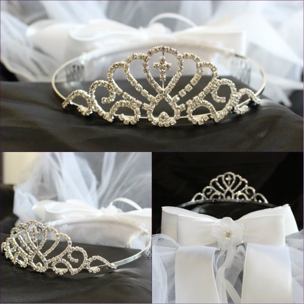 Girls 1st Communion Wedding Bridal White crystal Rhinestone cross crown Tiara Veil Flower Girl  Headpiece V807