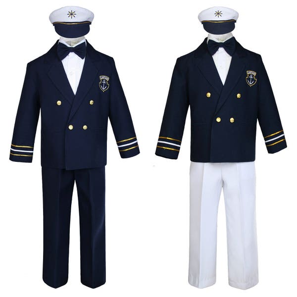 New Baby Toddler Boys NAVY BLUE or WHITE Pants Nautical Sailor Cruise Captain Wedding Ring Bearer Formal 5 pieces  Suit Tuxedo CP007 CP004