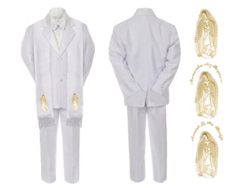 New Boys Toddler Teens WHITE Christening 1st Communion 5 Pieces Suit with a Stole BY010 Virgin Mary