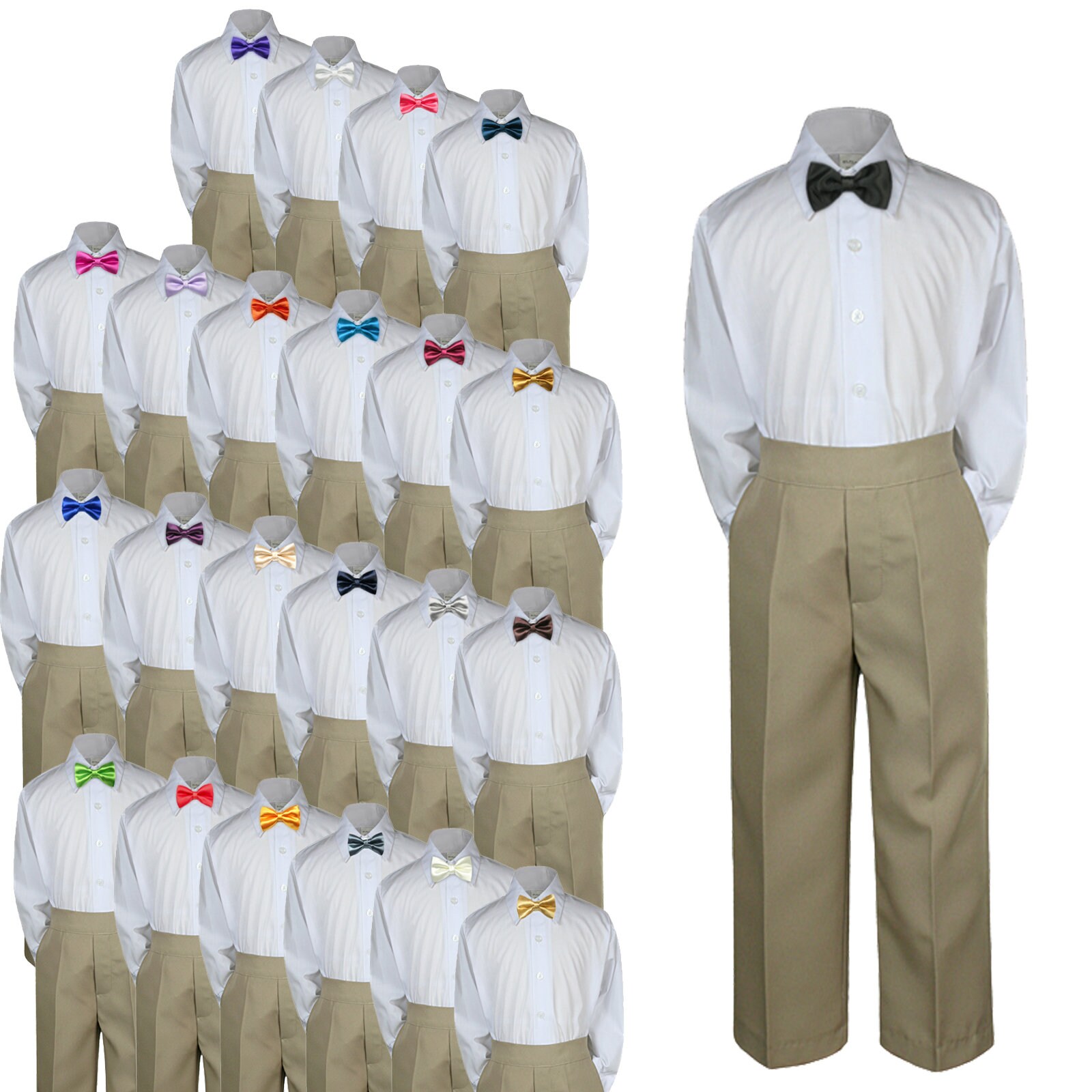 NEW 3 Piece Baby Toddler Boy White Shirt KHAKI Pants Bow Tie Set