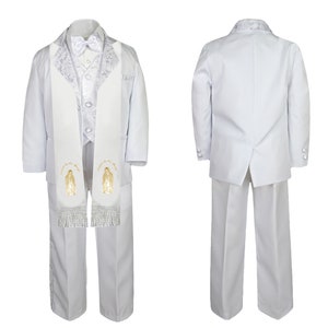 New Baby Toddler Boys WHITE Formal Christening Baptism Communion 5piece Tail Tuxedo Suit with a  Stole  BY021