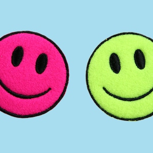 2 Pieces of Patch Neon Fuchsia Hot Pink Green Happy Face Smiley Embroidered Felt  Iron On Motif Applique CF-NeonSmiley